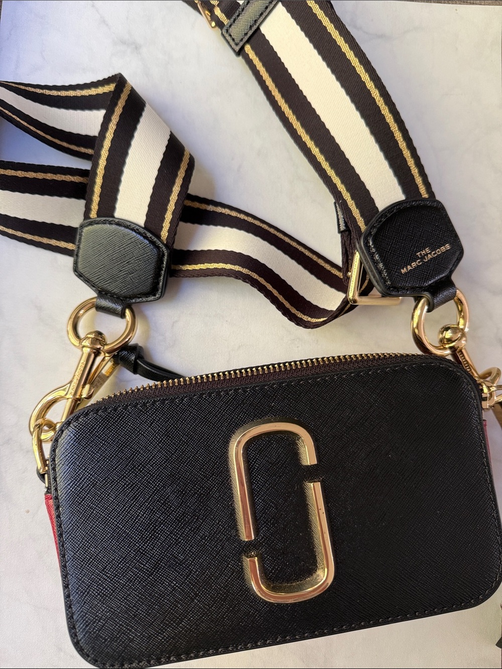 Marc Jacobs Black Saffiano Snapshot Crossbody with Striped Strap